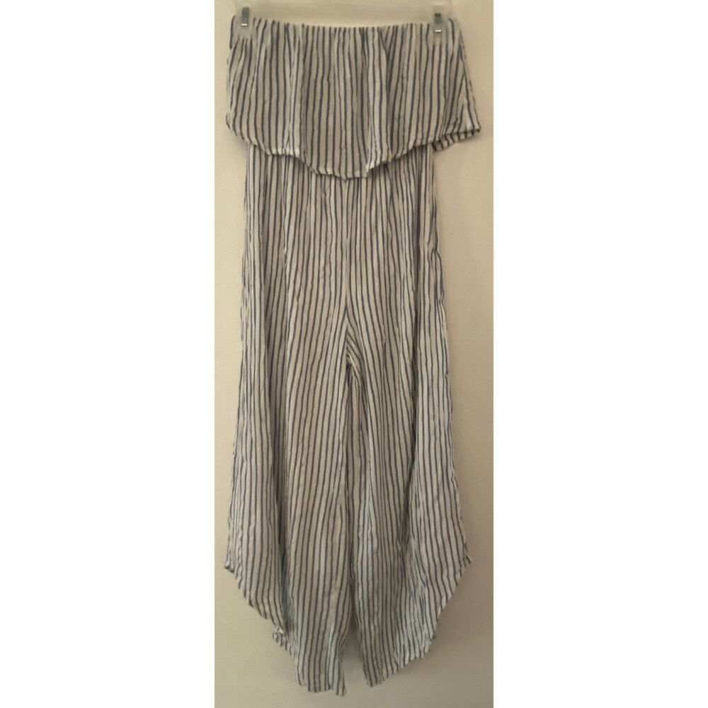 Japna Blue White Striped Tube Top Strapless Capri Pantsuit Women's Sz XS